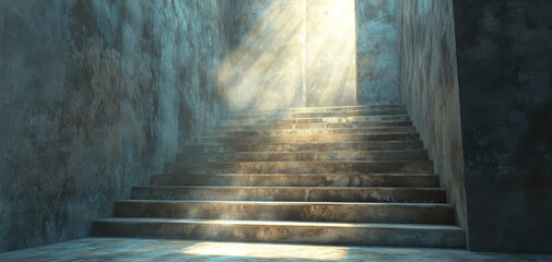 Ethereal stairway illuminated by celestial light, creating mystical atmosphere. scene evokes sense of wonder and tranquility, inviting exploration and reflection