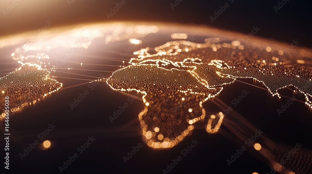 Poster global network world map with glowing lines and points representing global connectivity, dark backgr