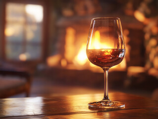 Beautifully crafted wine glass filled with rich red wine sits elegantly on wooden table, illuminated by warm glow of fireplace in background, creating cozy atmosphere