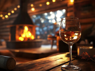 Wine glass filled with golden beverage sits elegantly on rustic wooden table, illuminated by warm, ambient light from cozy fireplace. inviting atmosphere evokes relaxation and comfort