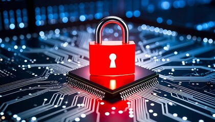 Red Cyber Security Lock on Chip. (1)