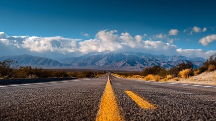 Empty highway stretches toward majestic mountain range under cloudy sky for travel concepts