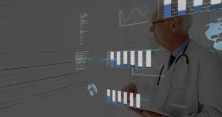 Senior doctor tapping tablet and reviewing medical graphs with globe and selecting highest bar - Powered by Adobe
