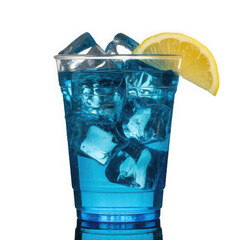 Blue drink in a plastic with full ice cup isolated on a white and transparent background.