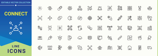 Connect line icon set. Contains such icons as connection, cyber, network, global, cyberspace, technology and more. Connect icon set. Thin outline icons pack. Vector illustration.