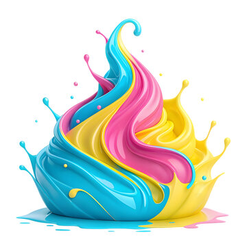 Swirling liquid splashes of blue pink and yellow on black background paint splash colorful splash