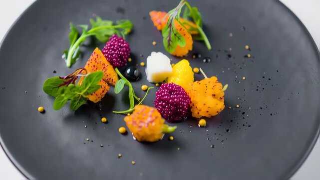Colorful, artful dish of small, bite-sized food pieces on a dark gray plate