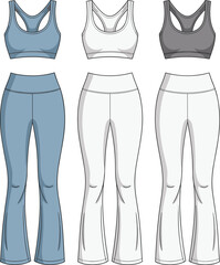 Women&rsquo;s sports bra and yoga pants, activewear set, front and back view, athletic clothing design, fashion flat sketch, workout apparel vector template