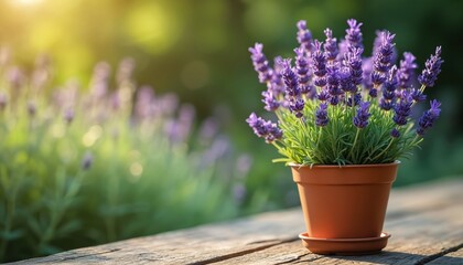 Obraz premium Potted lavender plant in terracotta pot on rustic wooden surface. Vibrant purple flowers, green foliage bask in soft sunlight. Its calming aroma, natural beauty enhance home decor, garden settings.