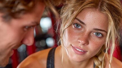 Closeup of a beautiful, sweaty young woman with blue eyes and freckles looking at a man in a gym setting after a workout