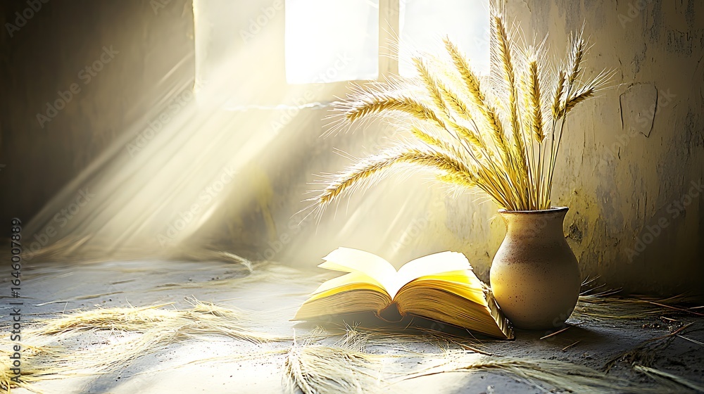 Poster light shines on open book with vase of wheat