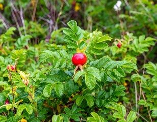 Close-up of a rose hip bush with red berries