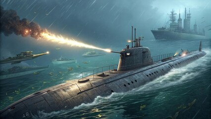 Fototapeta premium Submarine Firing Weapon Amidst Naval Battle in Stormy Waters