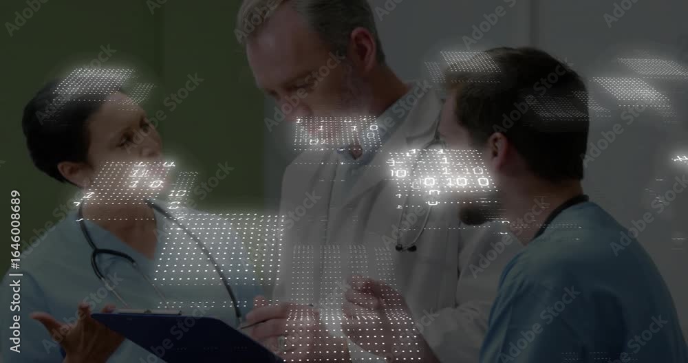Aufkleber nurse opening clipboard and guiding colleagues through chart, syncing ehr with binary code overlay