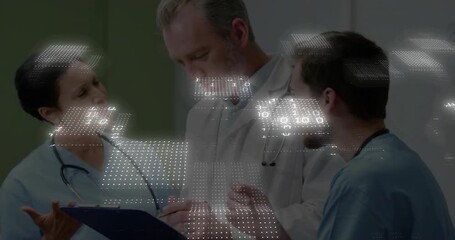 Nurse opening clipboard and guiding colleagues through chart, syncing EHR with binary code overlay - Powered by Adobe