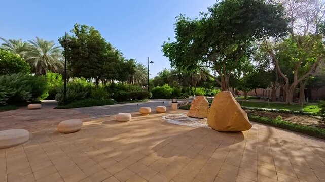 Riyadh, Saudi Arabia, 17.05.2025. Exterior of Al Murabba Historical Palace The Story of the Founding King s Palace in Riyadh. Walking area with green lawns of grass and palm trees, old Arabic style.