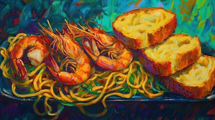 Fototapeta premium Colorful Plate of Shrimp Pasta with Slices of Toasted Bread