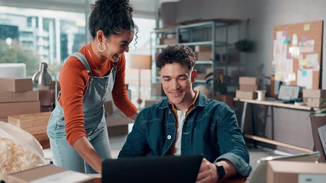 Business, people and high five with laptop for distribution success, ecommerce and sales target. Excited, staff and pc of delivery achievement, shipping deal and celebration of supply chain promotion