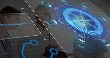 Senior doctor tapping tablet guiding nurse through animated medical interface for data review - Powered by Adobe