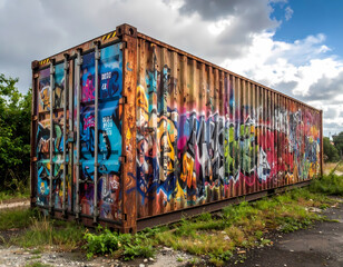 Naklejka premium Rusty abandoned shipping container covered in colorful graffiti art. An urban outdoor scene shows vibrant street art on old metal cargo container against cloudy sky