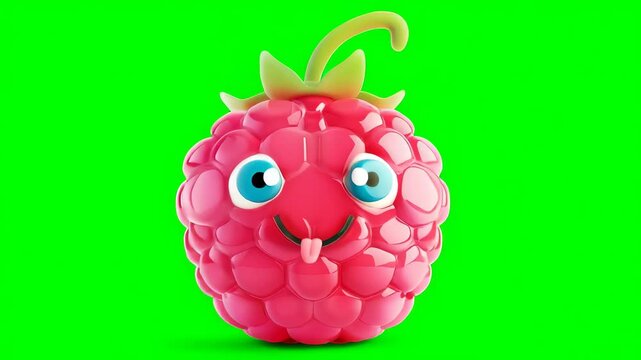 3D pink raspberry with blue eyes, green background, cartoon style character with smiling expression and textured surface.