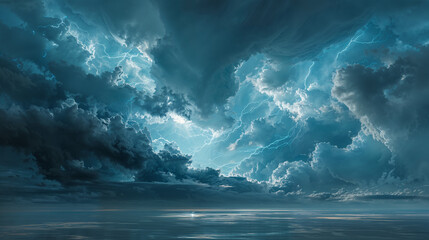 Stormy sky with dramatic clouds and lightning over tranquil ocean at dusk