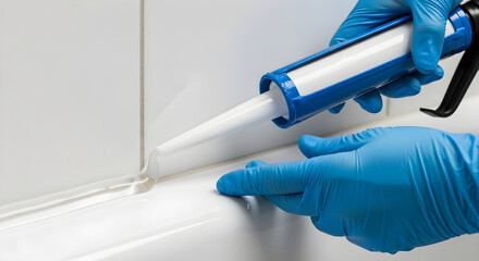 Applying silicone sealant to the edge of a bathtub