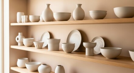 Assortment of neutral toned ceramic pottery displayed on wooden shelves beige cream