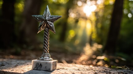 Shiny Silver Star Trophy on Marble Base Surrounded by Forest Light