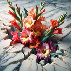 Colorful gladiolus flowers emerging from cracked marble surface in a striking artistic composition