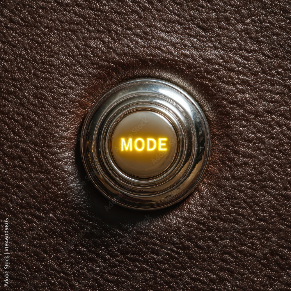 Poster close-up of a round, illuminated button embedded in brown leather, displaying the word 