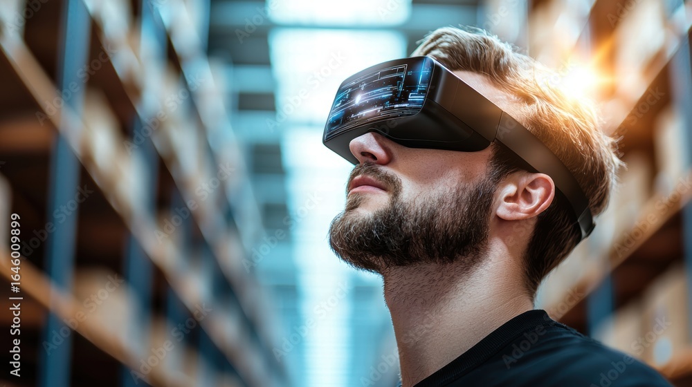 Poster connected warehousing a worker using augmented reality glasses to view inventory data from multiple 