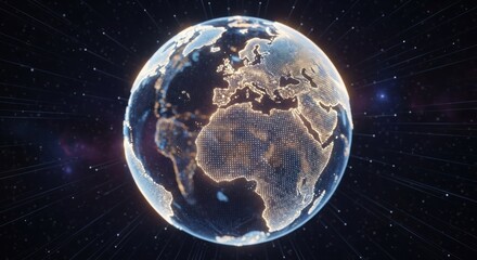 Digital Earth Globe with Glowing Continents and Data Connections on Dark Background