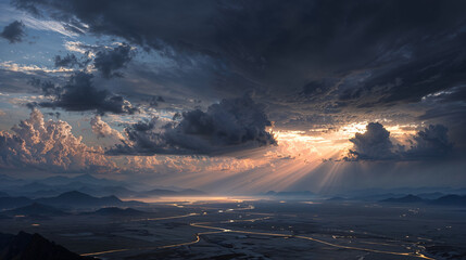 Beautiful sunset over the valley with dramatic clouds and sun rays illuminating the landscape