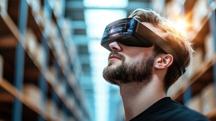 Connected Warehousing A worker using augmented reality glasses to view inventory data from multiple warehouses.
