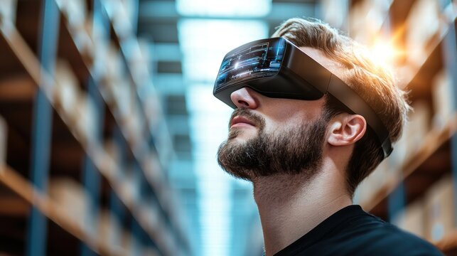 Connected Warehousing A worker using augmented reality glasses to view inventory data from multiple warehouses.