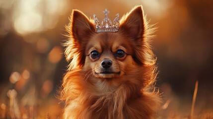 Adorable Dog Wearing Crown in Sunset Field Portrait