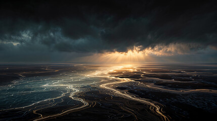 Stunning view of a river at sunset with dramatic clouds and light rays illuminating the water surface