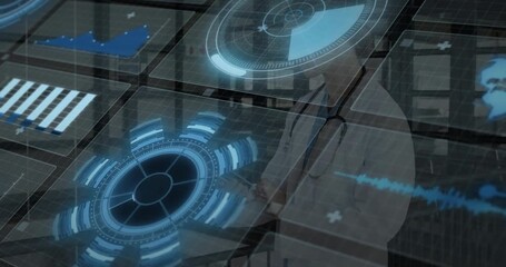 Upon appearing physician monitoring medical data transparent panel rotating chart pulsing bar graph - Powered by Adobe