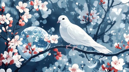 Elegant White Bird Perched Among Cherry Blossom Branches at Night