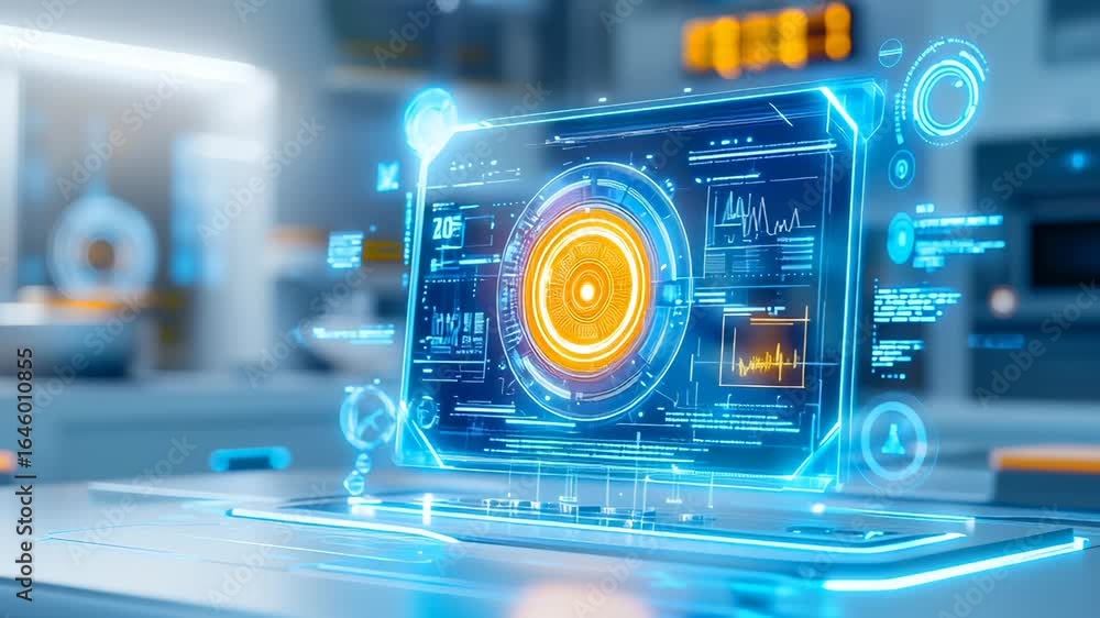 Poster holographic display with circular orange core, blue transparent interface showing data graphs, chart