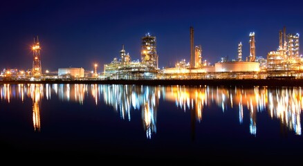Fototapeta premium Industrial complex at night, reflected in water