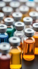 Close-up of colorful medical vials, showcasing diverse liquid solutions with selective focus.