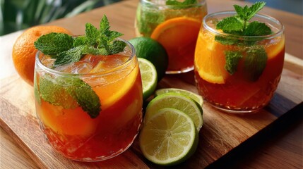 a couple of glasses of fruity drinks on a cutting board