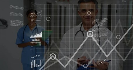 Doctor writing on clipboard with nurse following, activating charts visualizing health data - Powered by Adobe