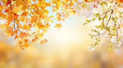 Golden Autumn Leaves and White Spring Blossoms Bordering a Sunlit Sky Serene Nature Background