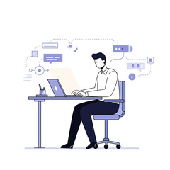 Digital illustration of a man working remotely on a laptop, surrounded by network and communication icons.