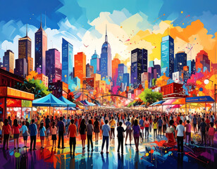 Vibrant colorful cityscape art illustration of bustling urban street festival. large diverse crowd of people gather below modern skyline background feeling energetic