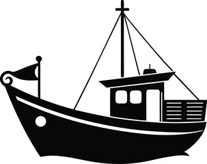 Black fishing boat silhouette on a white background