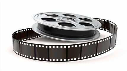 Film reel with strip coiled, isolated on white, representing cinema or movie industry